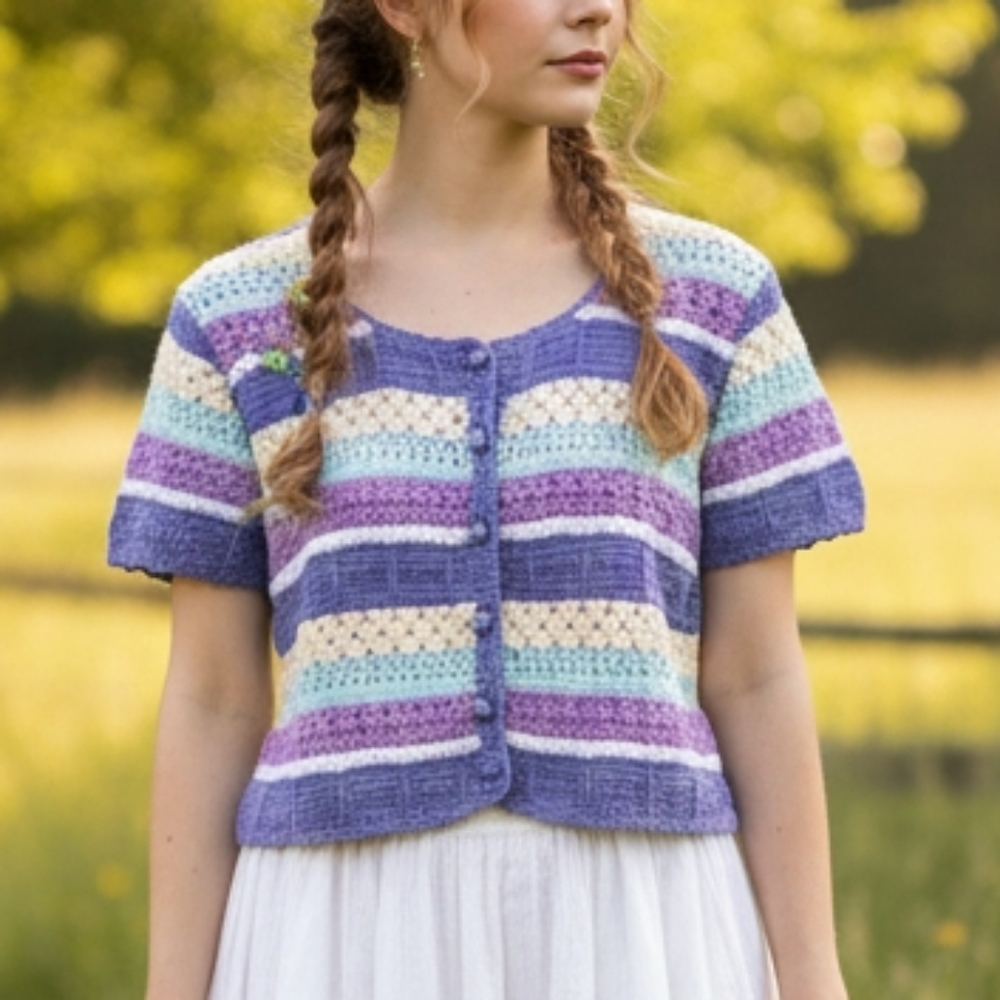 Krashetta M Vintage Boho Cottagecore Prarie Pastel Striped Crochet Knit Top